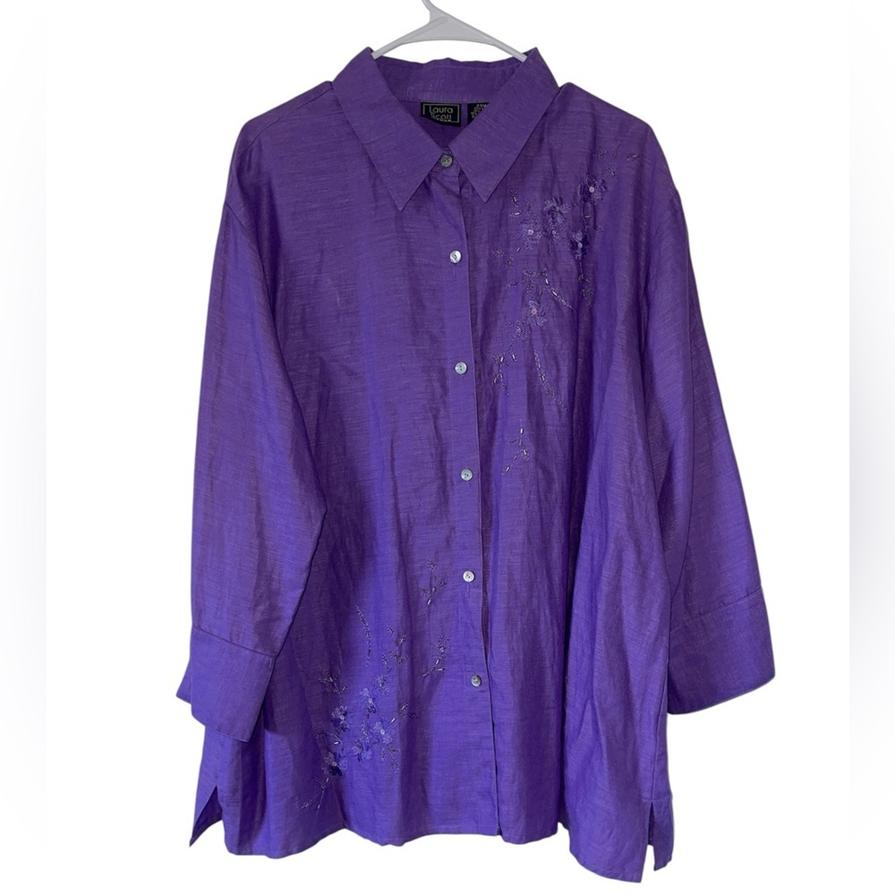 Laura Scott Purple Linen Blend Embroidered Button Down Shirt Size 22W #329